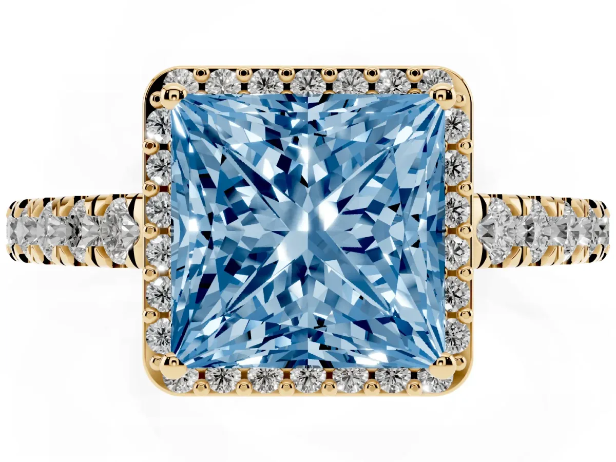 Fancy Blue Princess Cut Cut Halo Diamond Engagement Ring with Pave Band and Four-Prong Setting Yellow gold