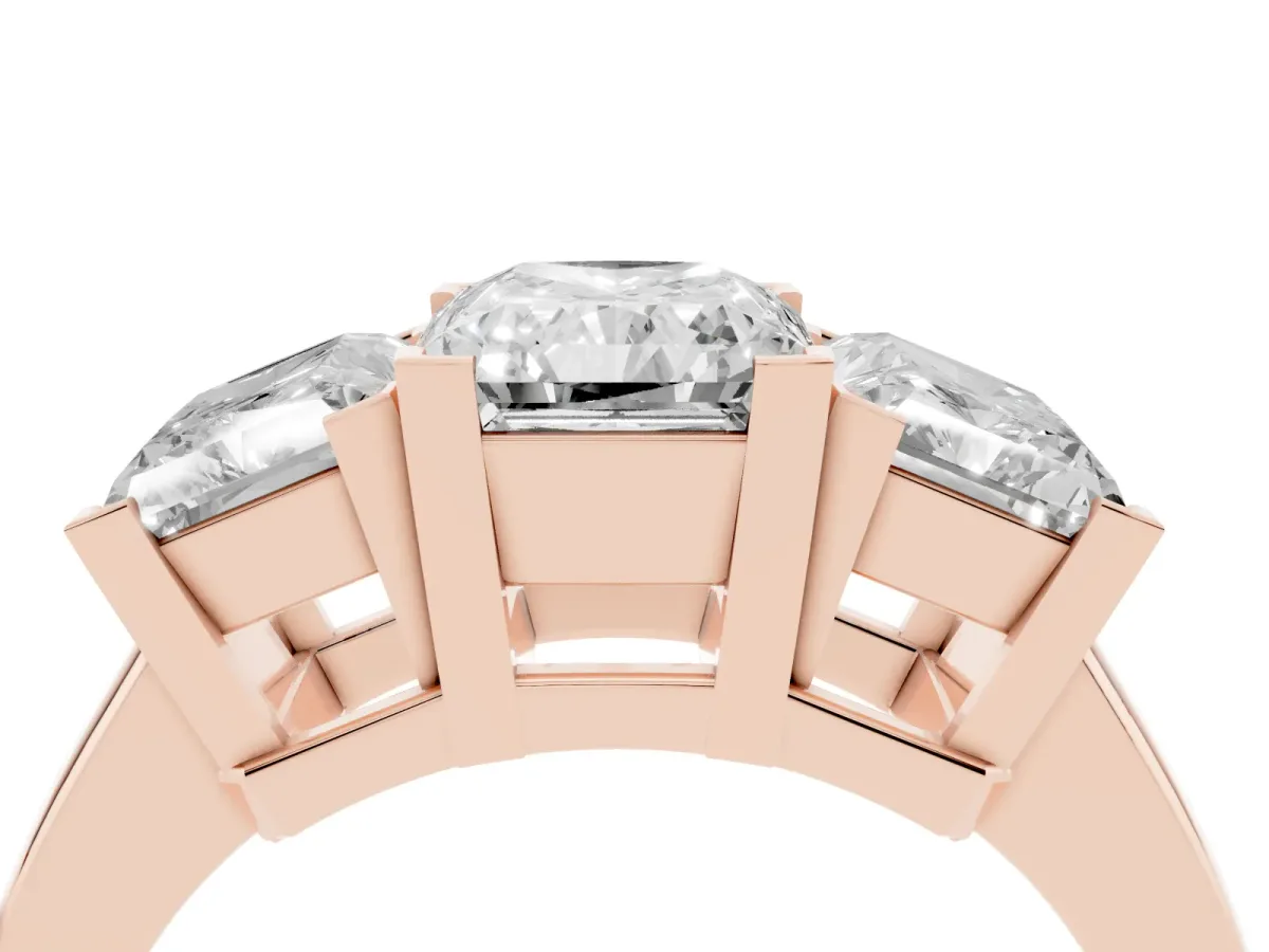 Three-Stone Radiant Cut Cut Diamond Ring with Channel Set Band and Four-Prong Setting Rose gold
