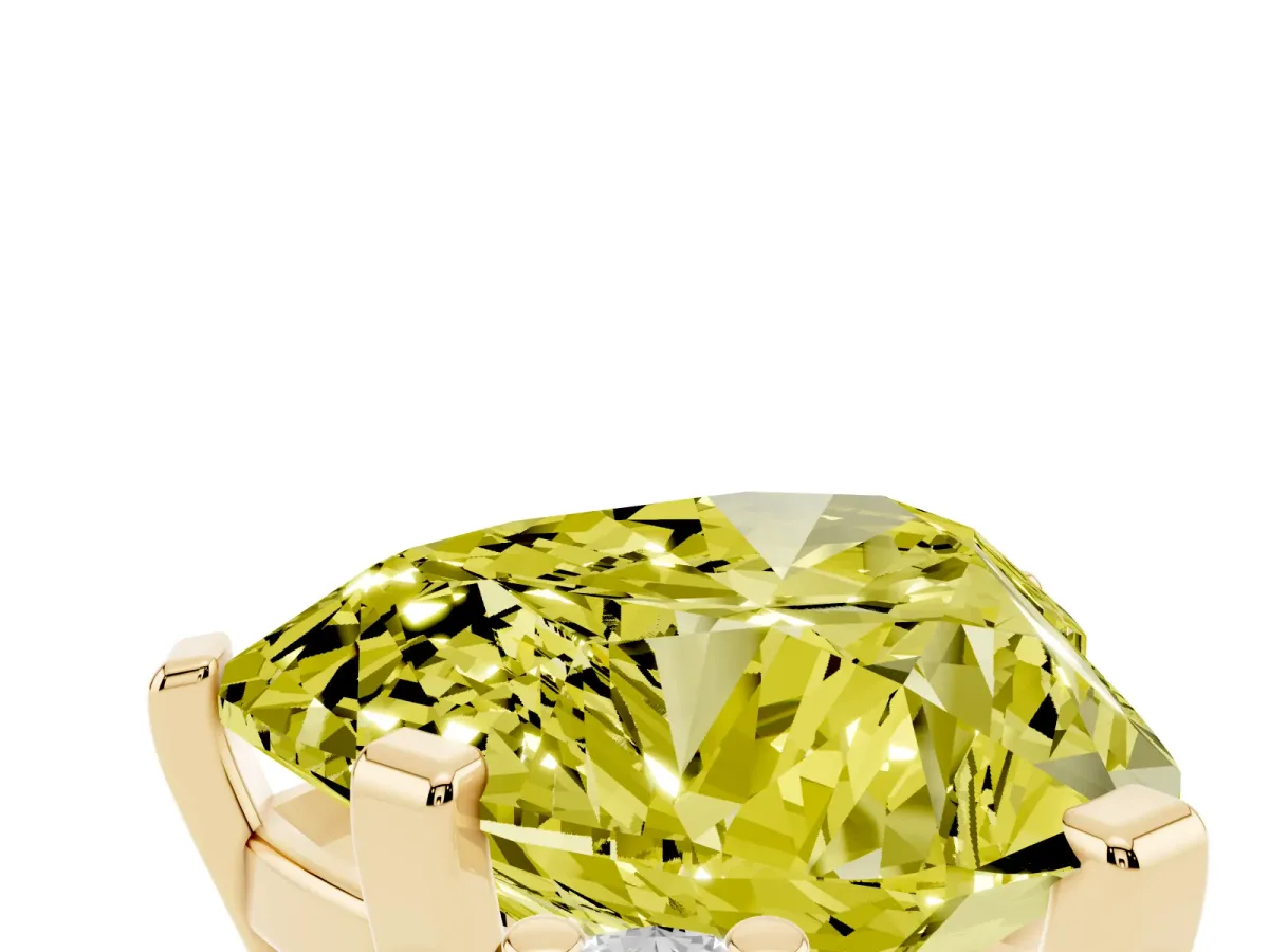 Fancy Yellow Heart Cut Cut Three-Stone Solitaire Ring with Round Accent Diamonds and Four-Prong Setting Yellow gold