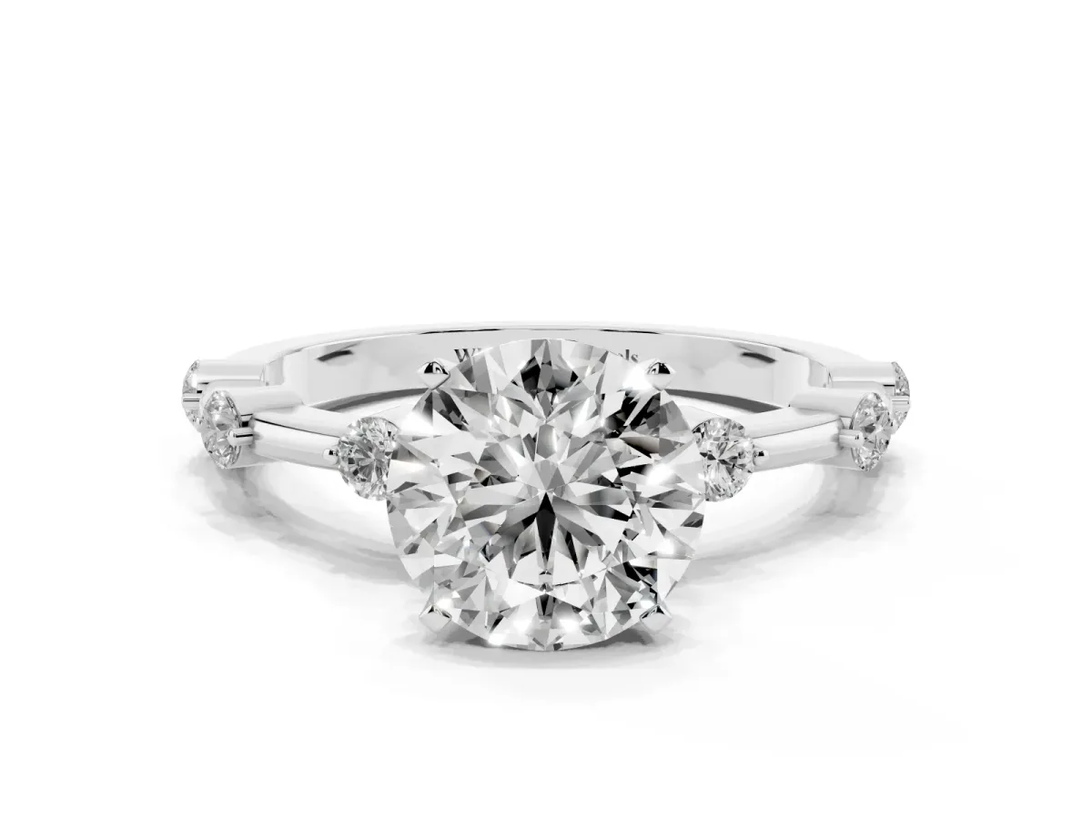 Round Cut Solitaire Diamond Ring with Bezel Set Side Stones and Prong Setting Silver