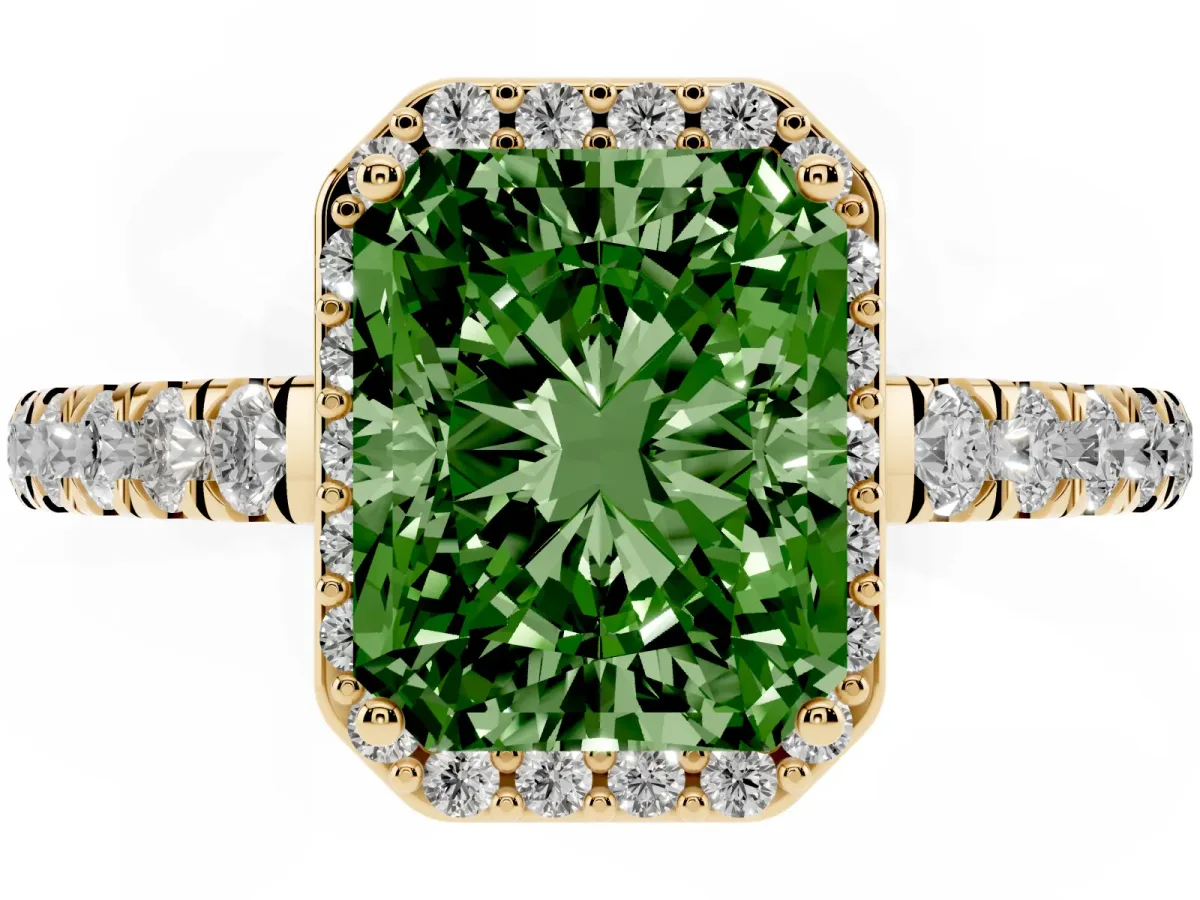 Fancy Green Radiant Cut Cut Halo Diamond Engagement Ring with Pave Band and Four-Prong Setting Yellow gold