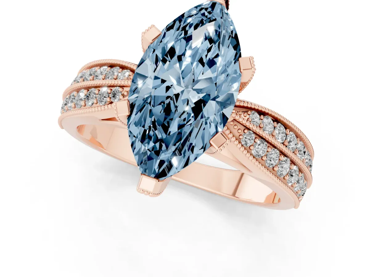 Fancy Blue Marquise Cut Diamond Solitaire Ring with Milgrain Round Pavé Band and Prong Setting Rose gold