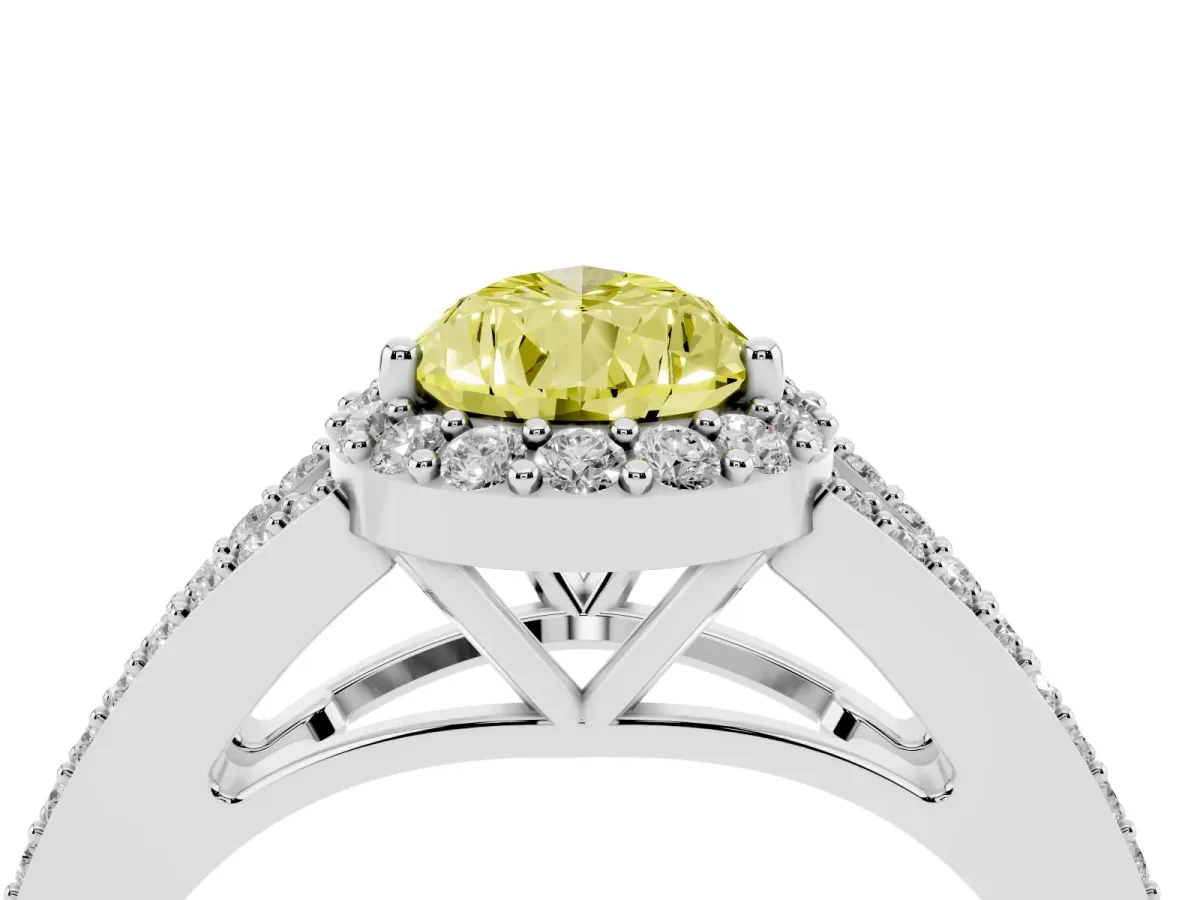 Fancy Yellow Pear Cut Halo Split Shank Pave Diamond Ring with Four-Prong Setting Platinum
