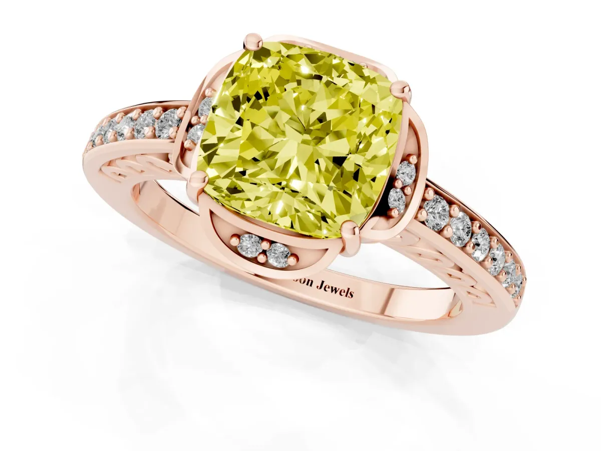 Fancy Yellow Cushion Cut Cut Halo Diamond Ring with Channel Set Band and Four-Prong Setting Rose gold