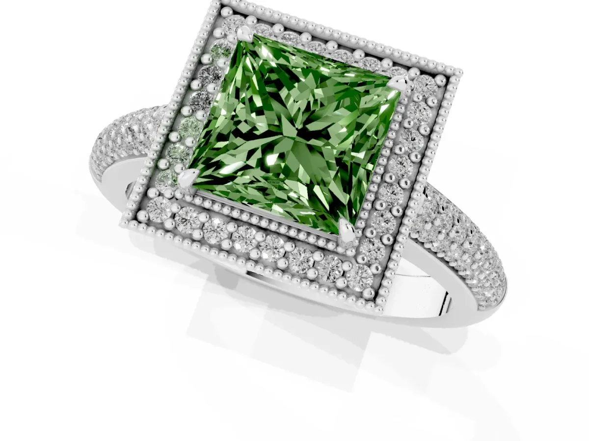 Fancy Green Princess Cut Cut Halo Diamond Pave Band with Four-Prong Setting Platinum