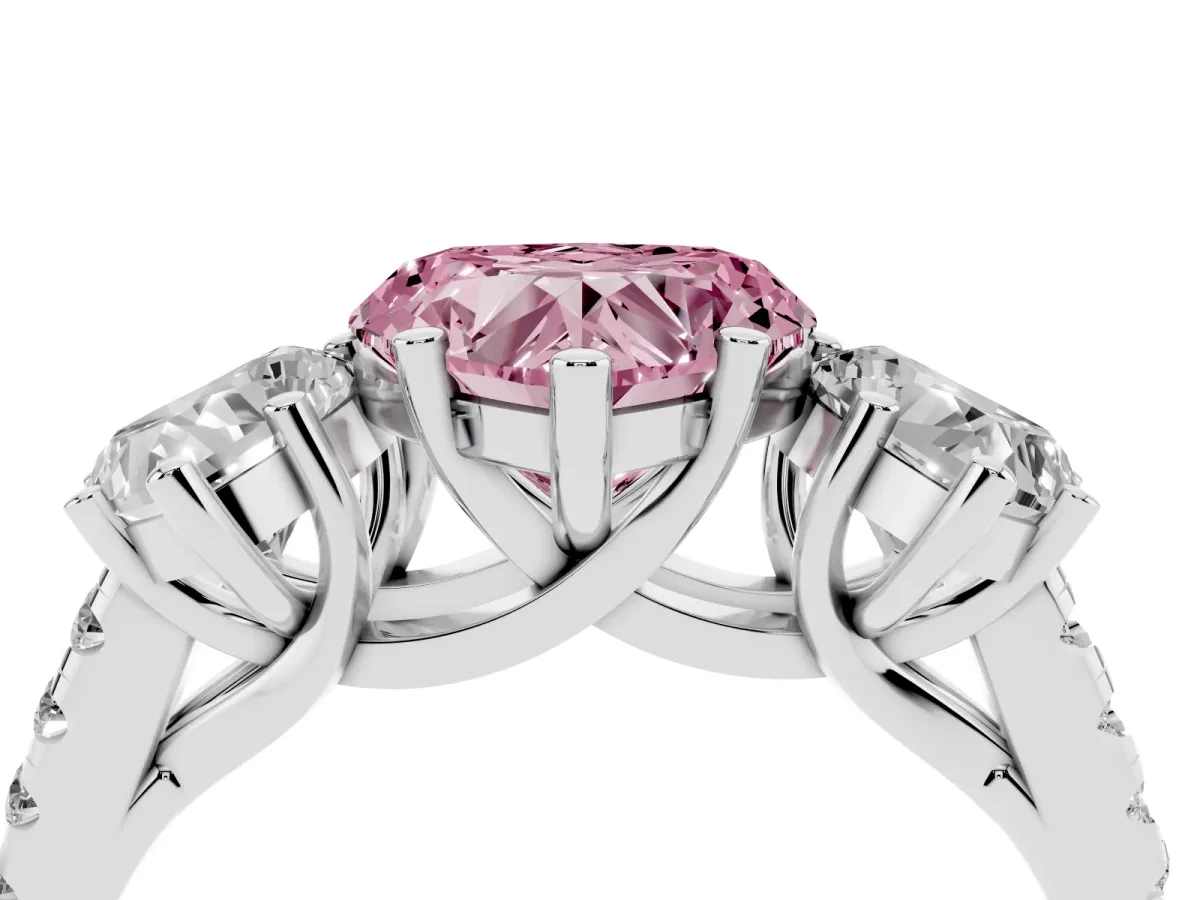 Fancy Pink Three-Stone Heart Cut Diamond Ring with Round Pavé Band and Prong Setting Silver