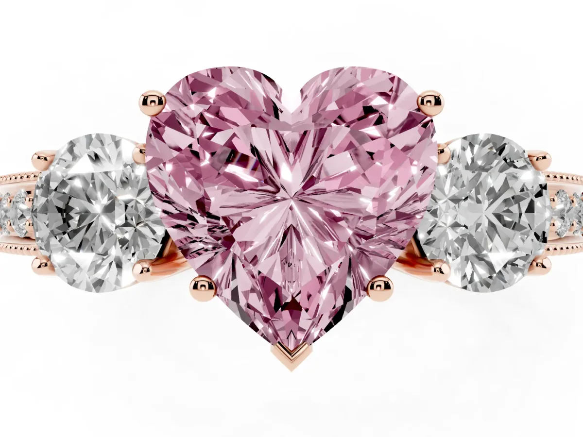 Fancy Pink Heart Cut Three-Stone Diamond Ring with Pavé Band and Four-Prong Setting Rose gold
