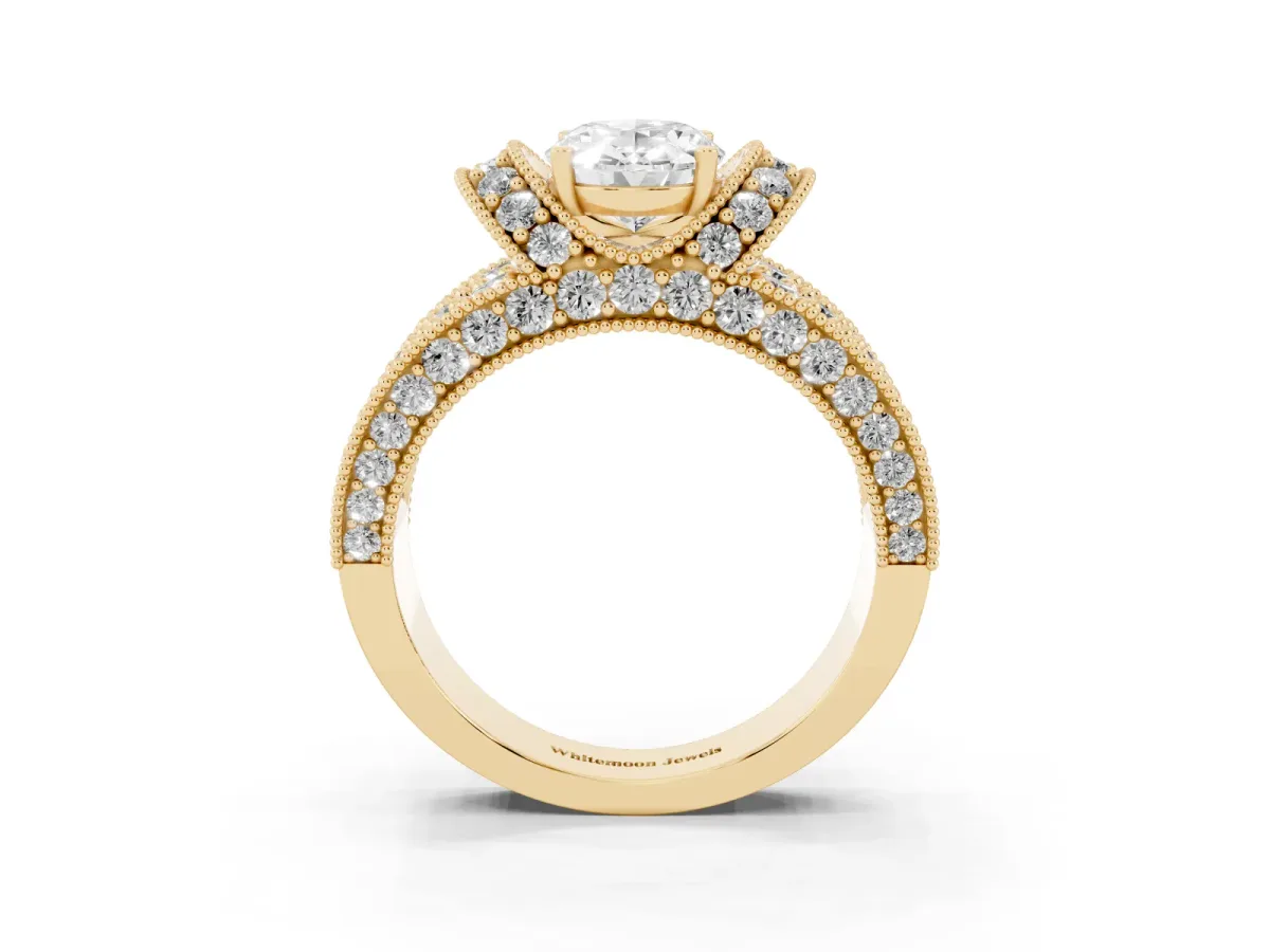 Oval Cut Halo Pave Diamond Engagement Ring with Milgrain Detailing Yellow gold