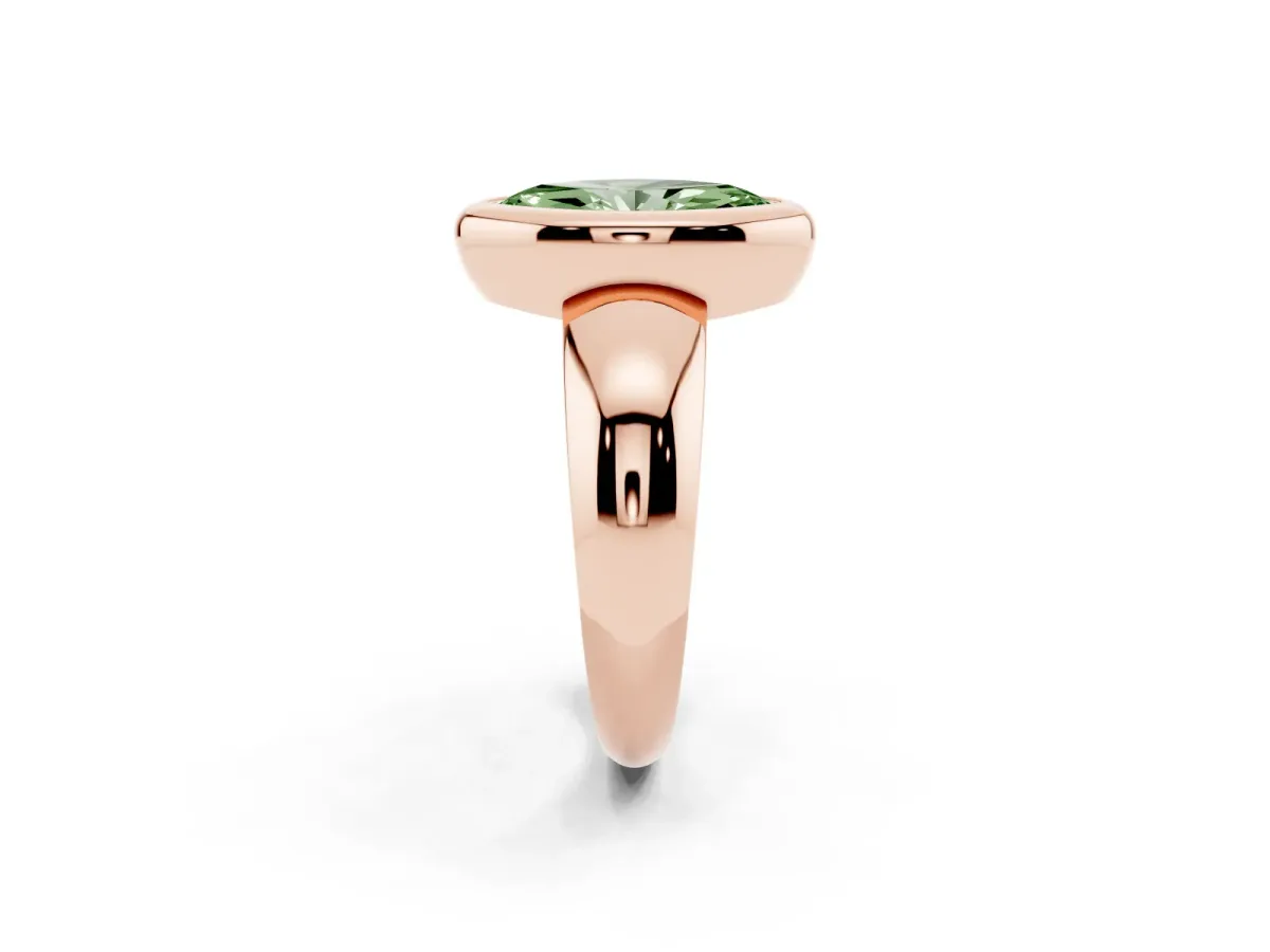 Fancy Green Bezel Set Marquise Cut Solitaire Ring with Wide Band Rose gold