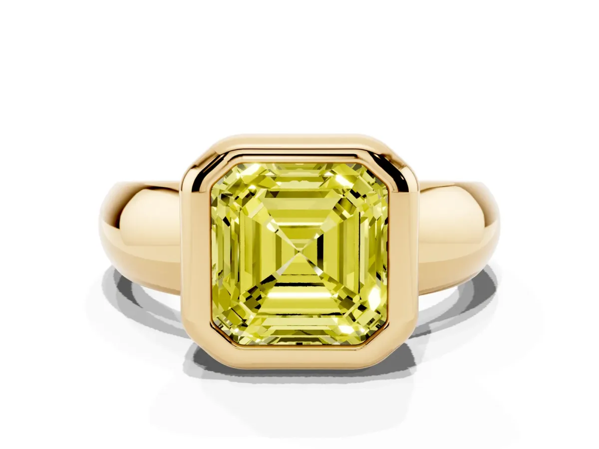 Fancy Yellow Bezel Set Asscher Cut Solitaire Ring with Wide Band Yellow gold