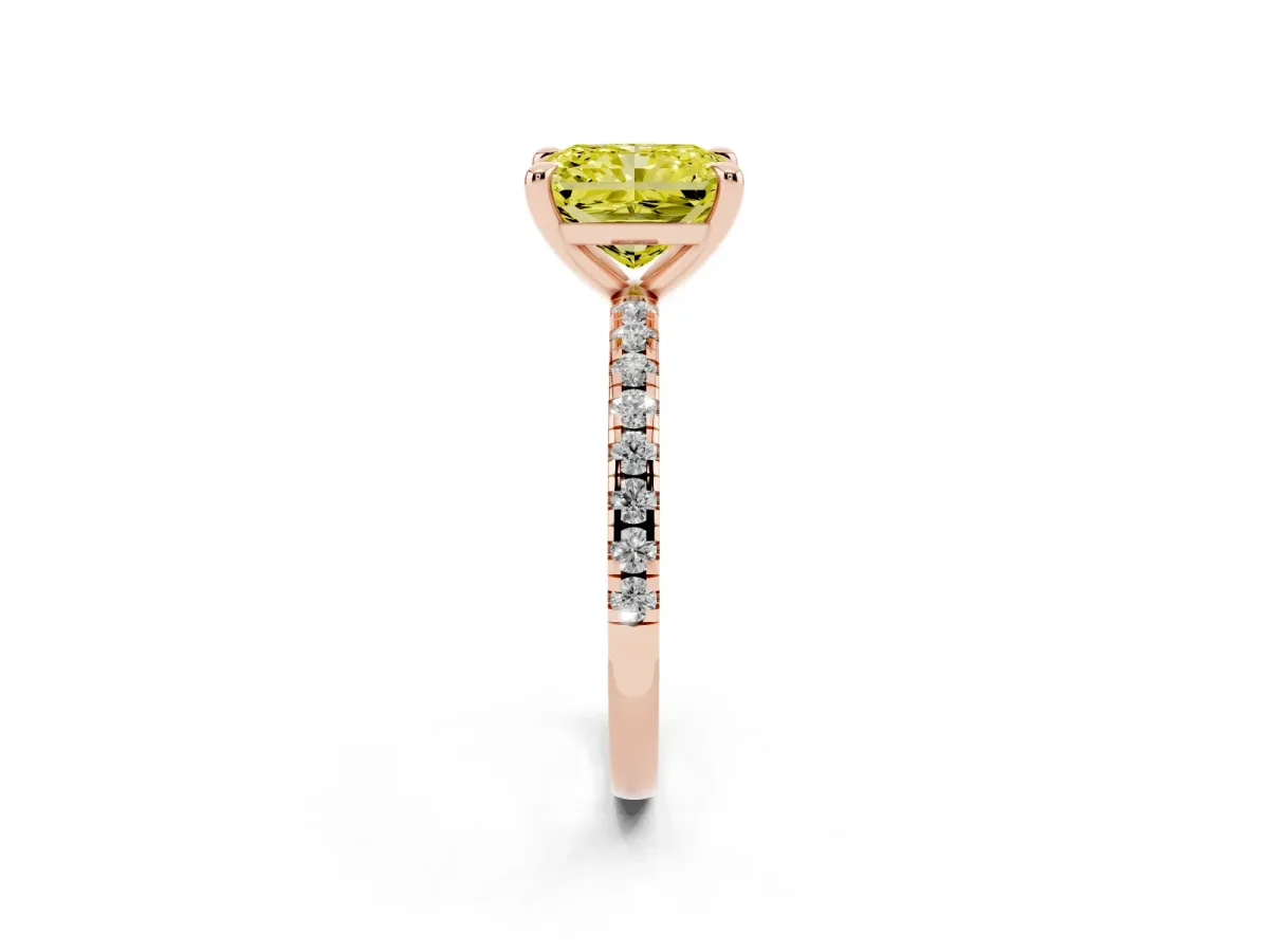 Fancy Yellow Radiant Cut Diamond Brilliant Solitaire Ring with Pavé Band and Four-Prong Setting Rose gold