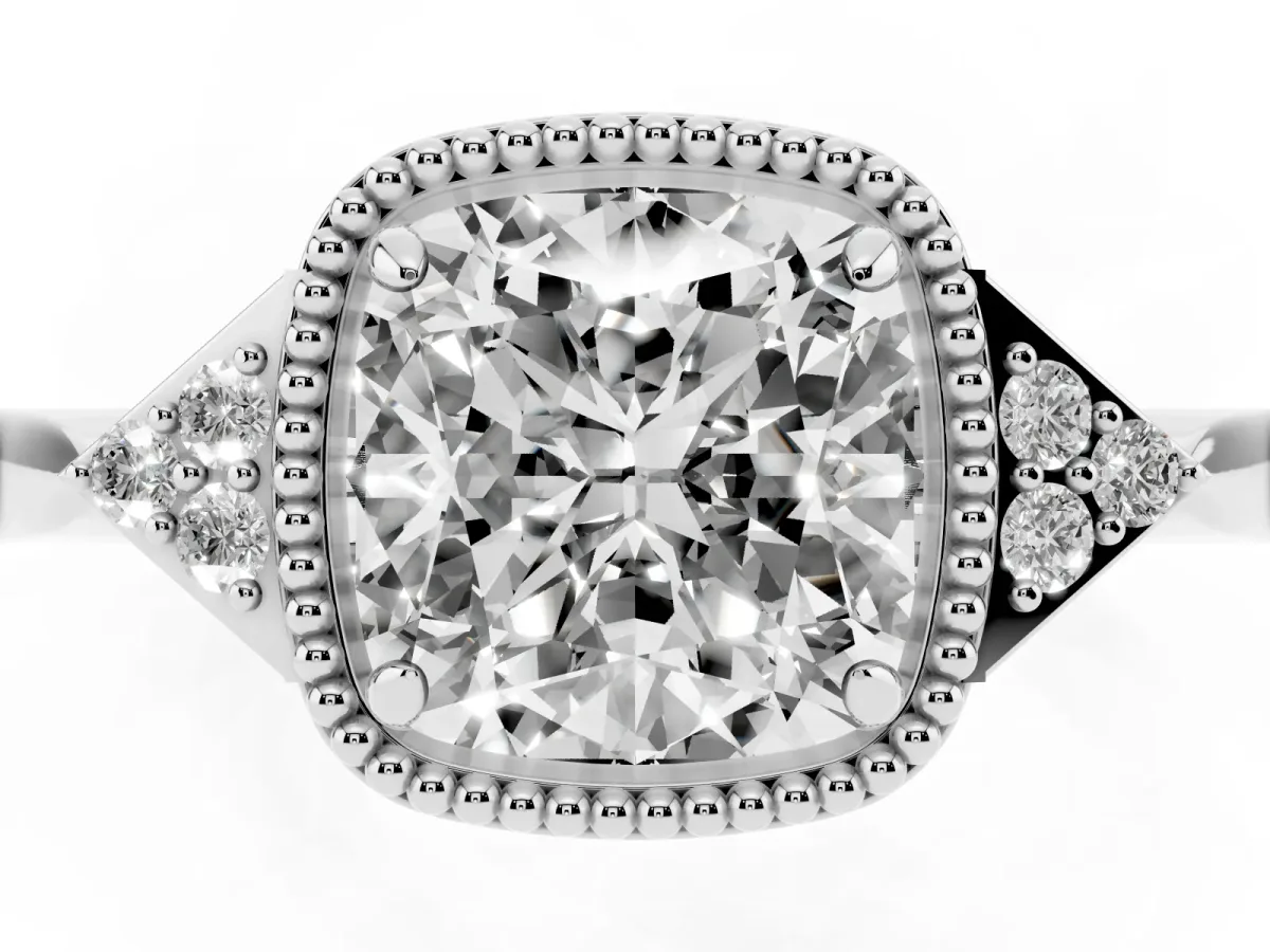 Hexagonal Halo Cushion Cut Diamond Solitaire with Pavé Band and Four-Prong Setting Silver