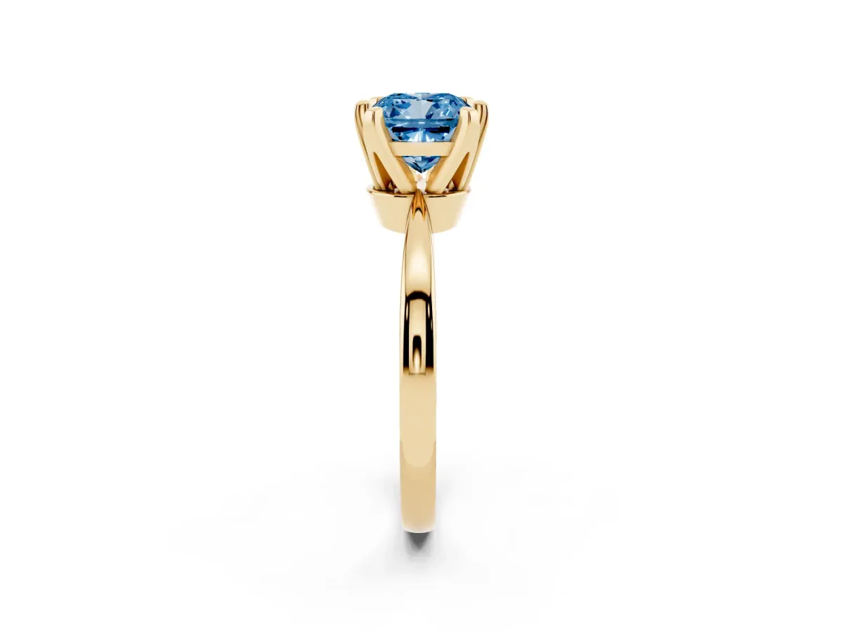 Fancy Blue Cushion Cut Solitaire Engagement Ring with Six-Prong Setting and Tapered Band Yellow gold