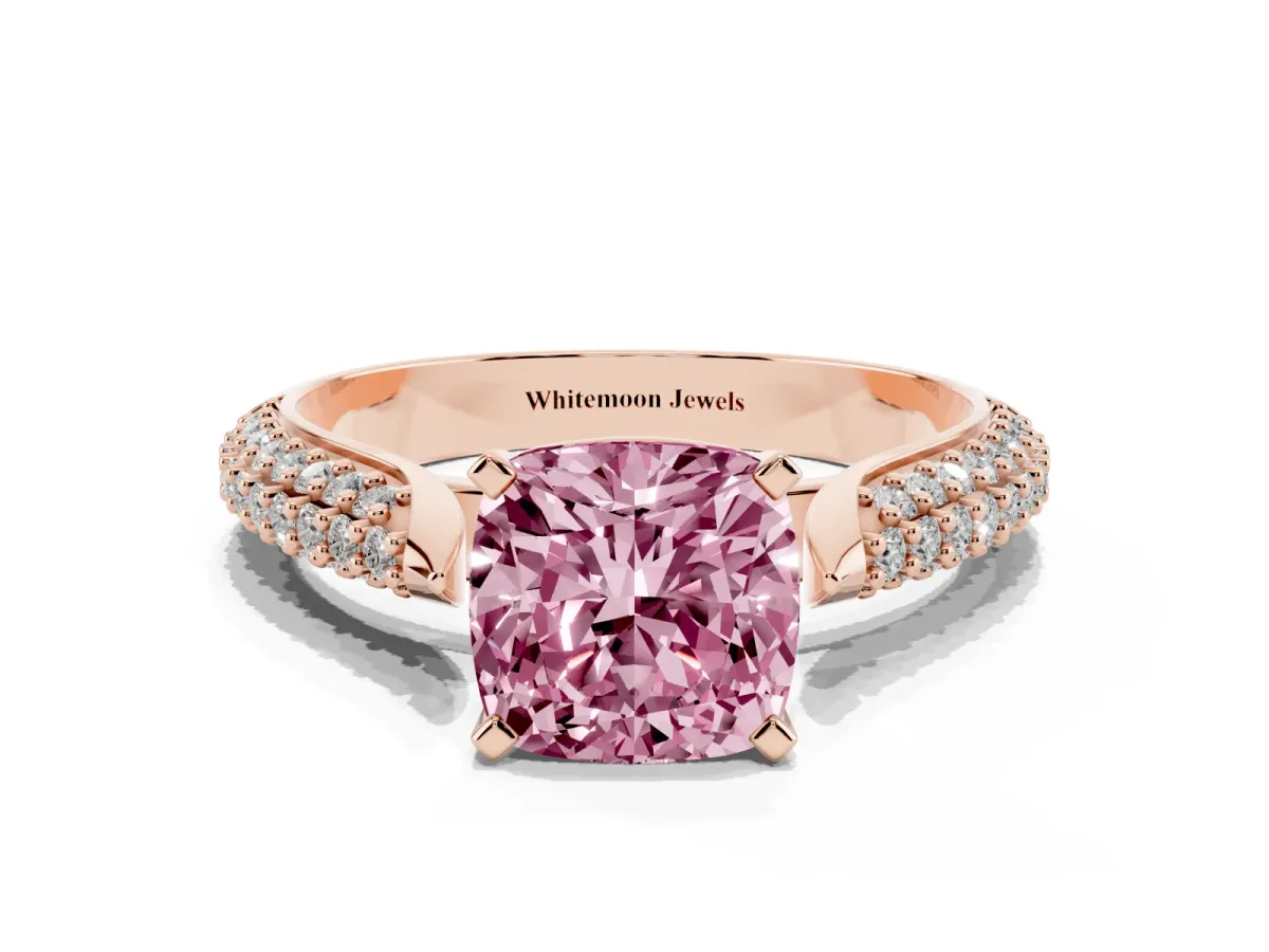 Fancy Pink Cushion Cut Diamond Solitaire Engagement Ring with Multi-Row Round Pavé Band and Prong Setting Rose gold