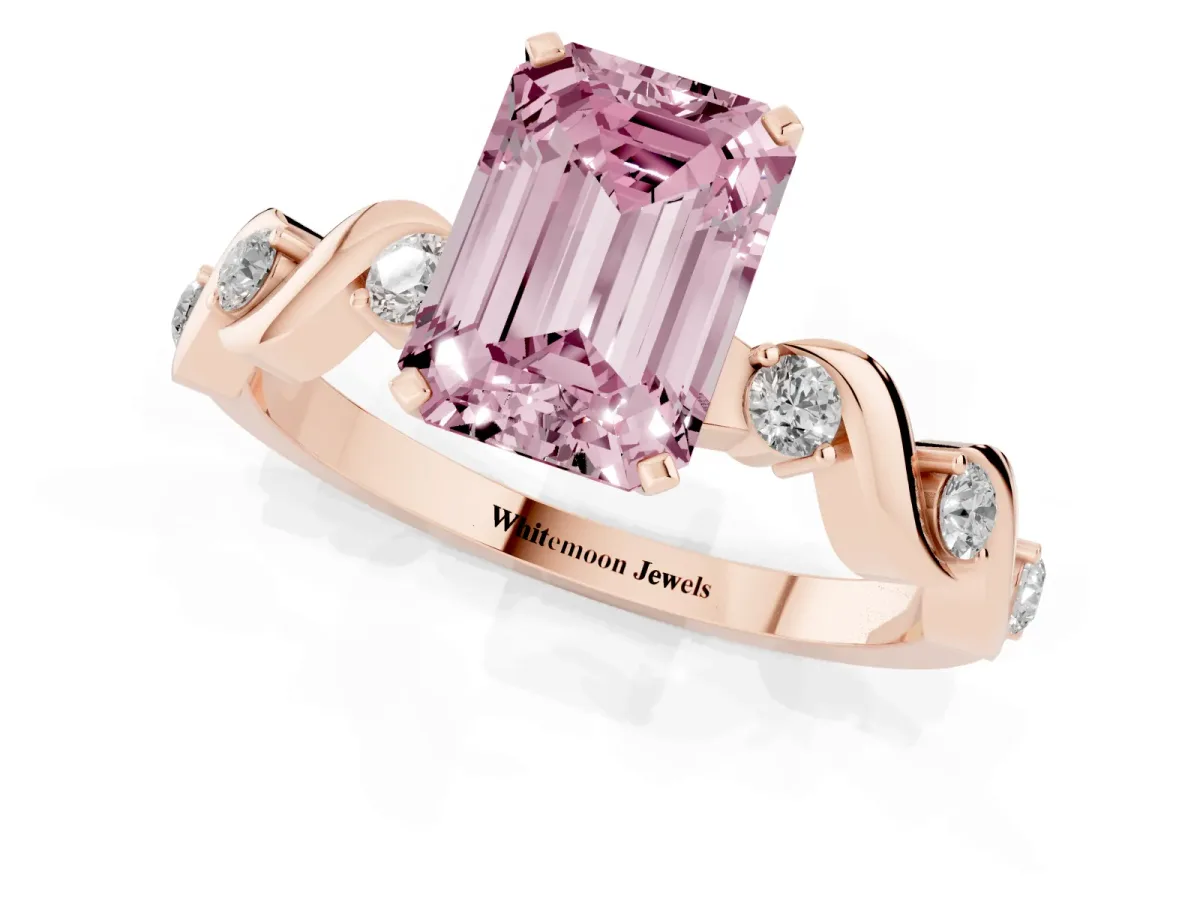Fancy Pink Emerald Cut Diamond Solitaire Twisted Band with Round Accents and Prong Setting Rose gold