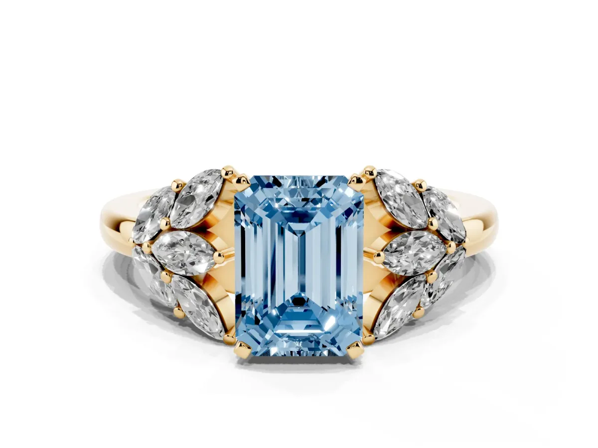 Fancy Blue Emerald Cut Diamond Cluster Leaf Design Ring with Prong Setting Yellow gold