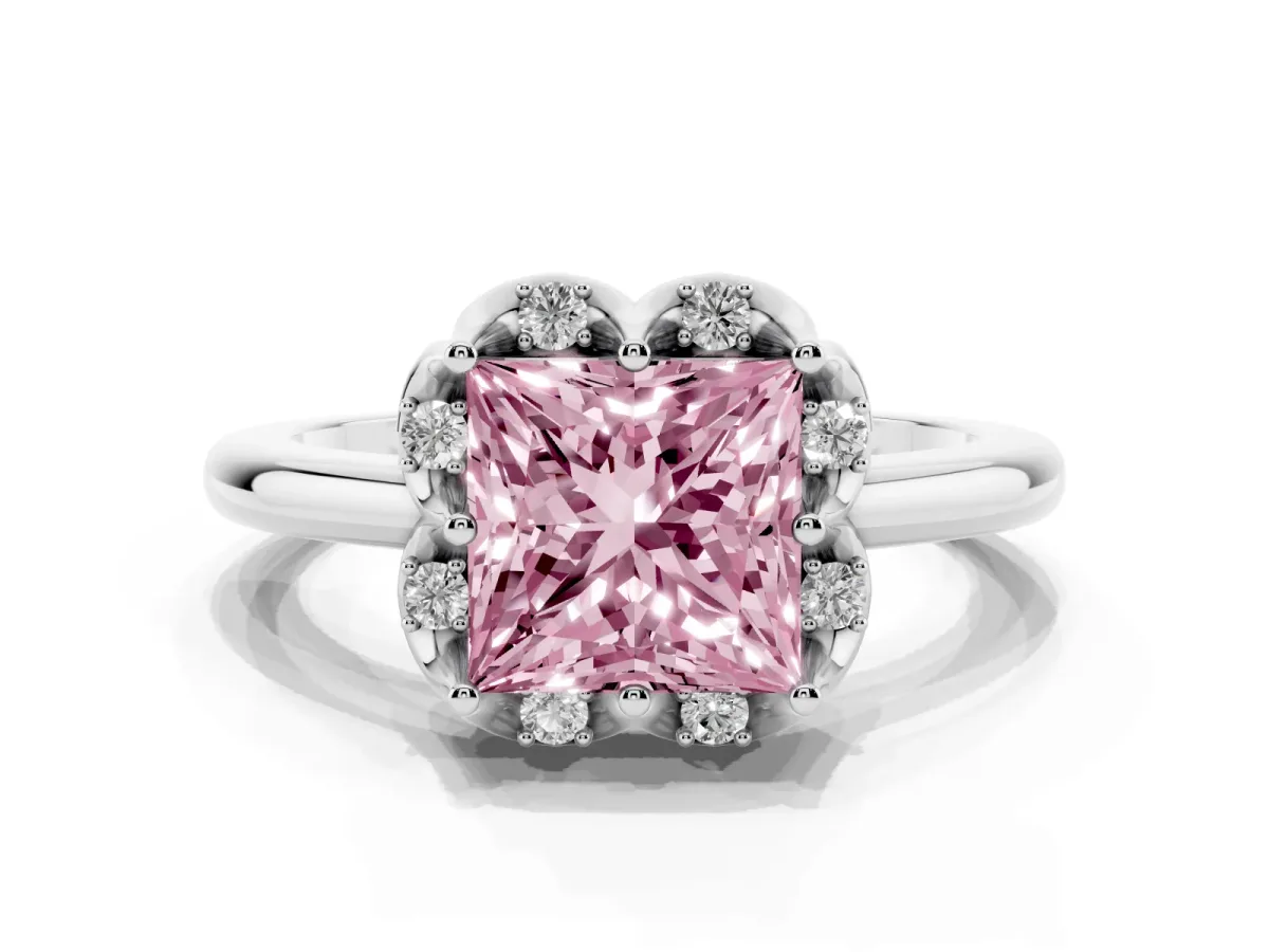 Fancy Pink Princess Cut Halo Diamond Ring with Round Cluster Setting, Solitaire Band, and Four-Prong Setting Platinum