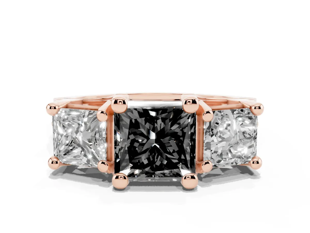 Fancy Black Princess Cut Diamond Three-Stone Ring with Channel Set Band and Four-Prong Setting Rose gold