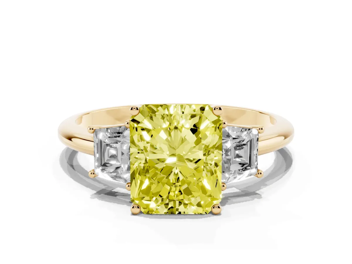 Fancy Yellow Radiant Cut Diamond Three-Stone Ring with Trapezoid Side Stones and Prong Setting Yellow gold