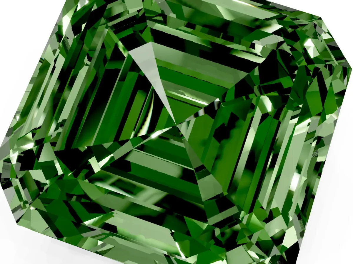 Fancy Green Asscher Cut Halo Diamond Ring with Milgrain Edge and Round Prong Setting Silver