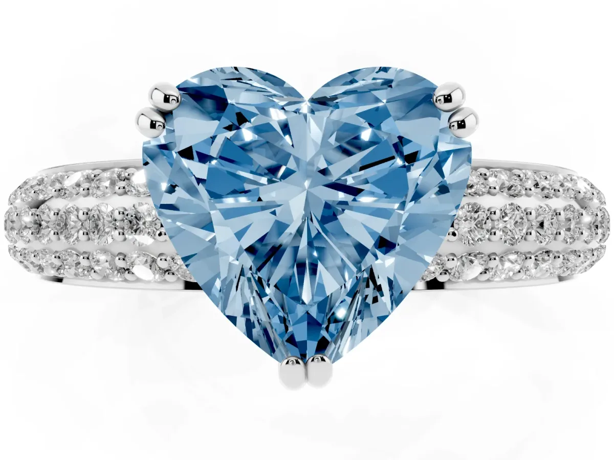 Fancy Blue Heart Cut Diamond Solitaire Ring with Multi-Row Round Pavé Band and Prong Setting Silver