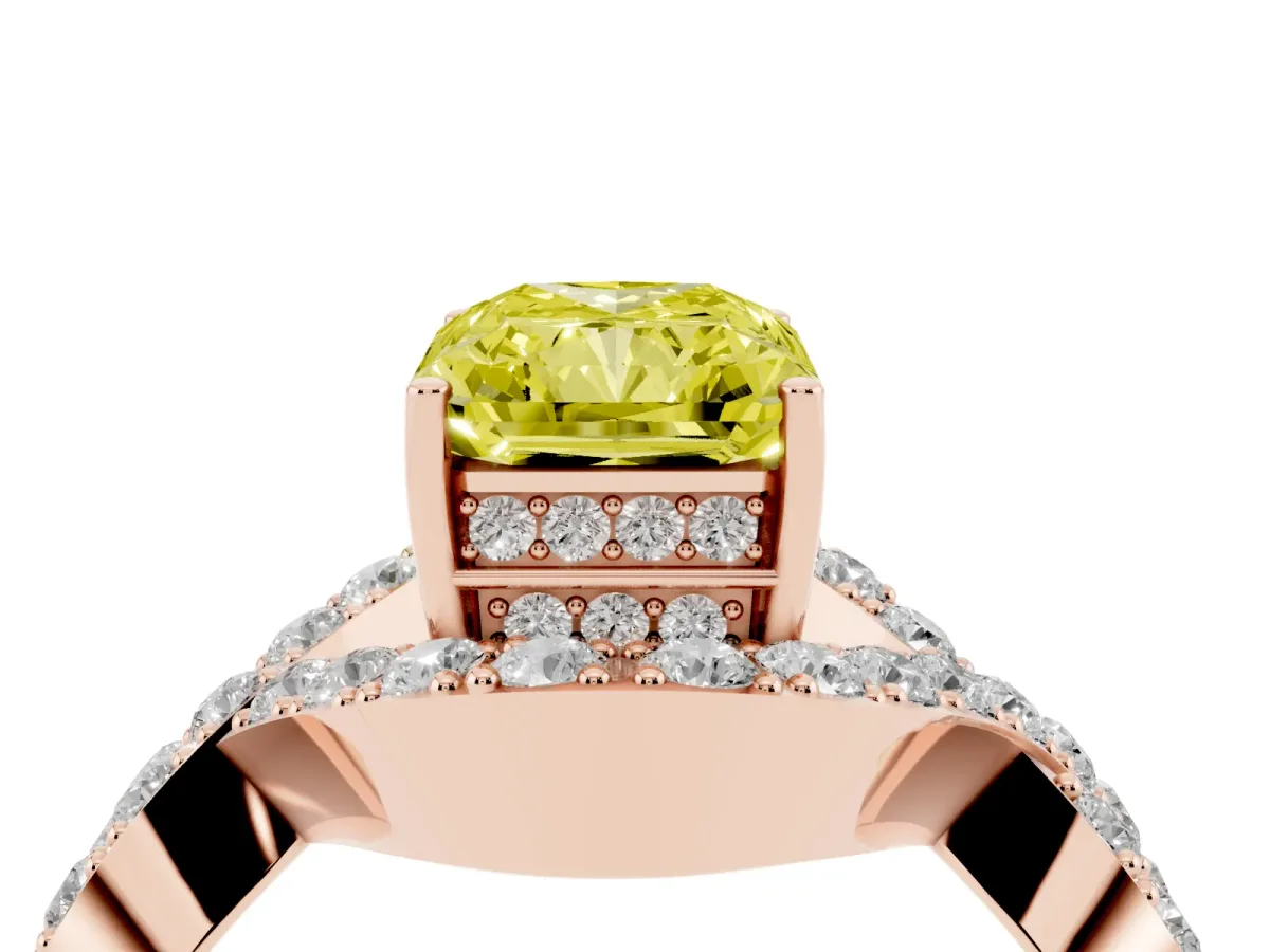 Fancy Yellow Radiant Cut Solitaire Twist Band Pavé Diamond Engagement Ring Rose gold