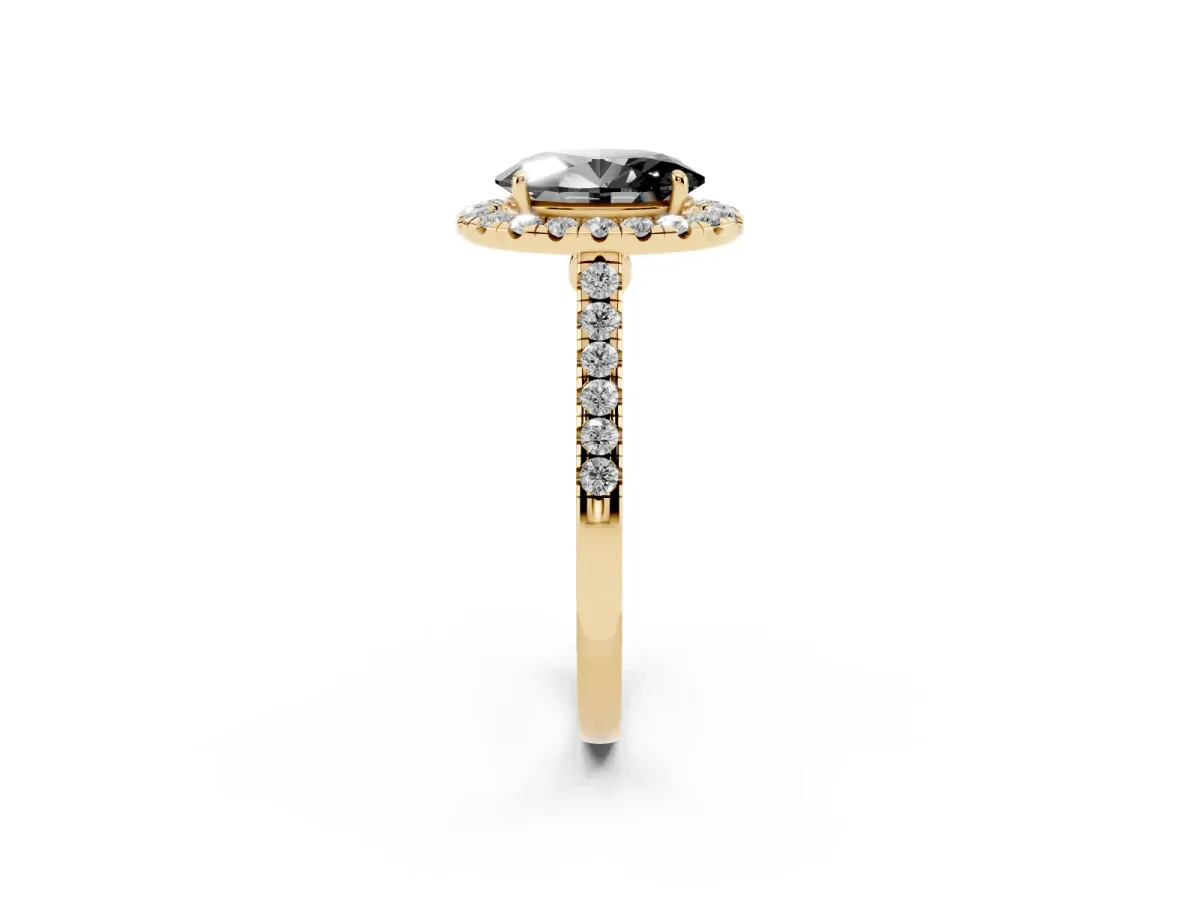 Fancy Black Oval Cut Halo Pave Diamond Engagement Ring with Four-Prong Setting Yellow gold