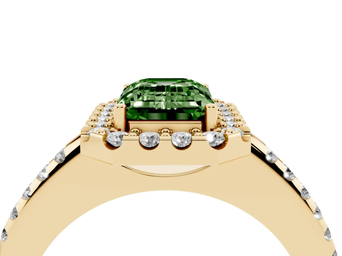 Fancy Green Emerald Cut Diamond Pavé Halo Ring with Four-Prong Setting Yellow gold