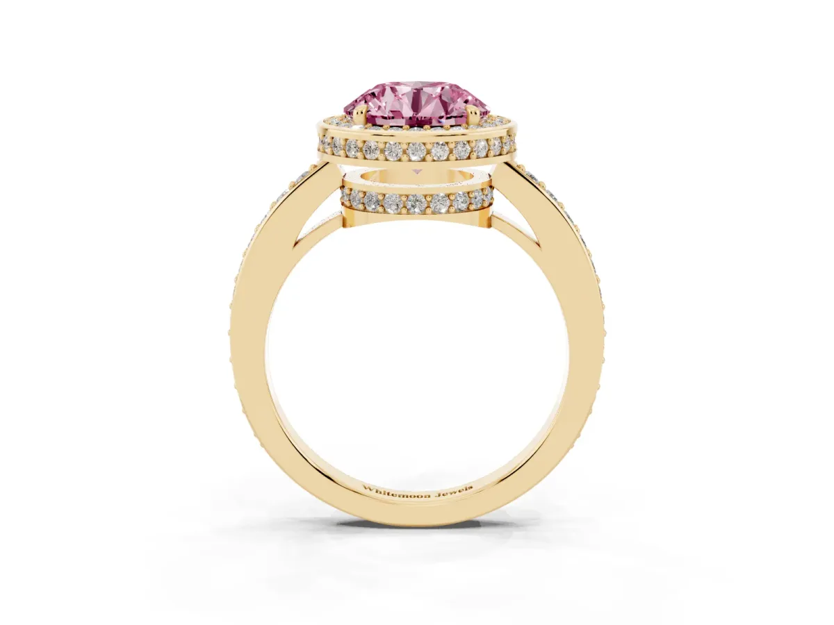 Fancy Pink Round Cut Halo Pave Band Solitaire Ring with Prong Setting Yellow gold