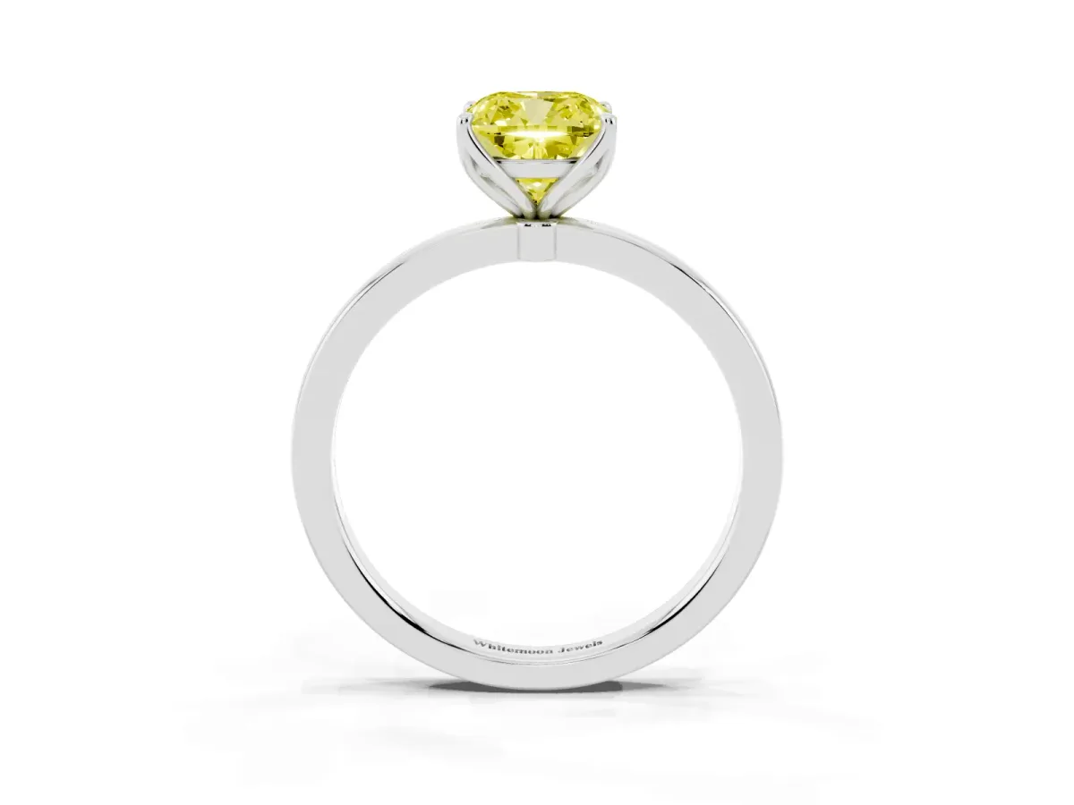 Fancy Yellow Cushion Cut Diamond Solitaire Ring with Thin Band and Prong Setting White gold
