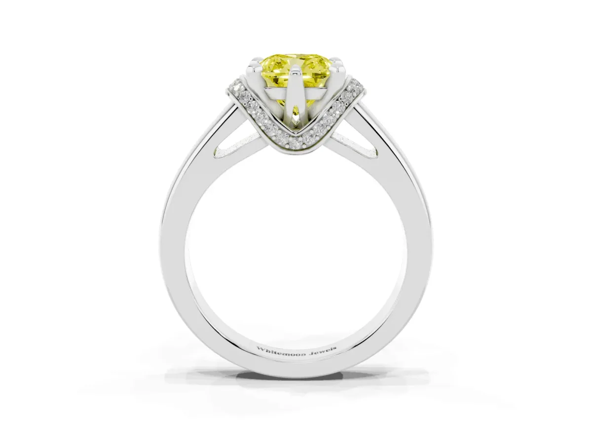 Fancy Yellow Cushion Cut Solitaire Diamond Ring with Pave Band and Six-Prong Setting Silver