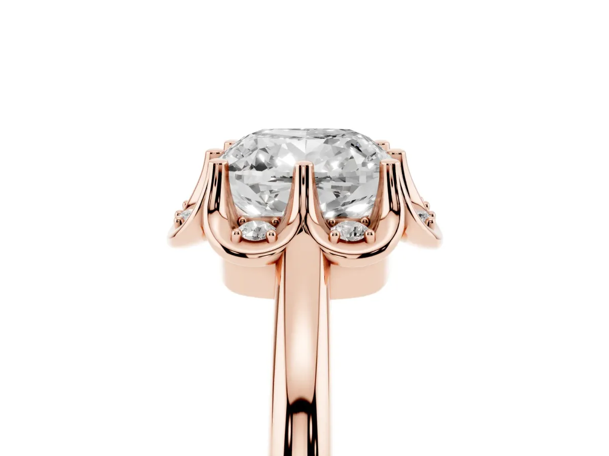 Cushion Cut Halo Diamond Ring with Round Cluster Setting, Solitaire Band, and Four-Prong Setting Rose gold