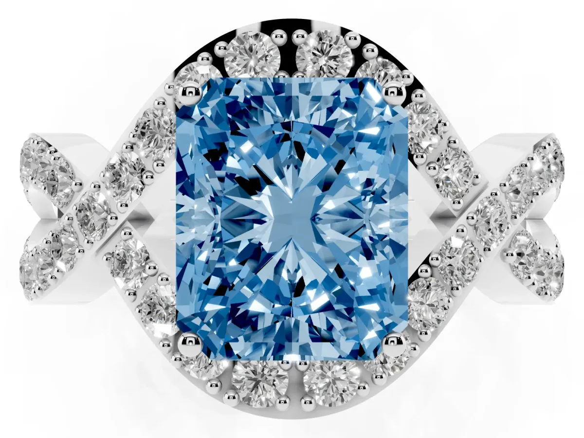 Fancy Blue Radiant Cut Solitaire Twist Band Pavé Diamond Engagement Ring Platinum