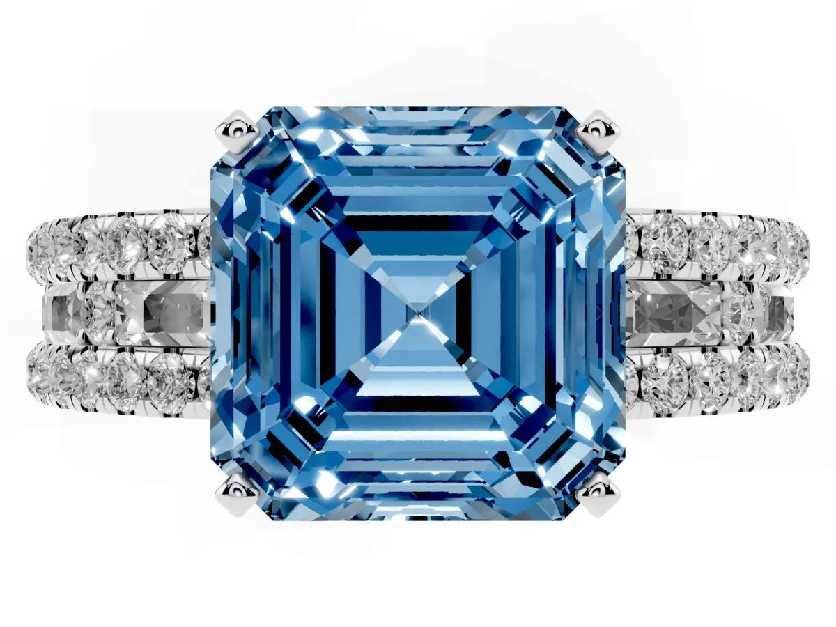Fancy Blue Asscher Cut Diamond Solitaire Ring with Pavé and Channel Set Band Silver