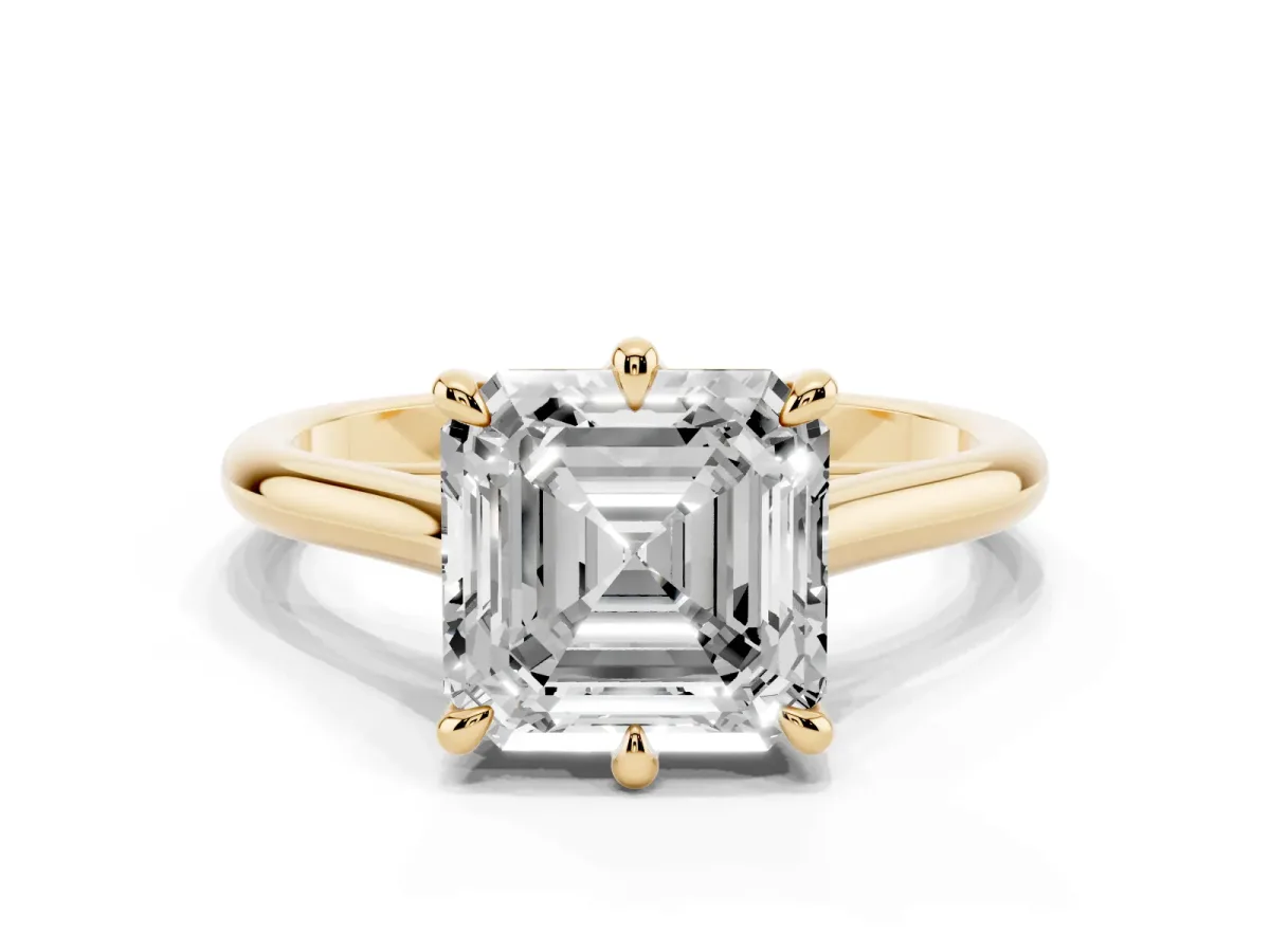 Asscher Cut Solitaire Engagement Ring with Six-Prong Setting and Classic Band Yellow gold