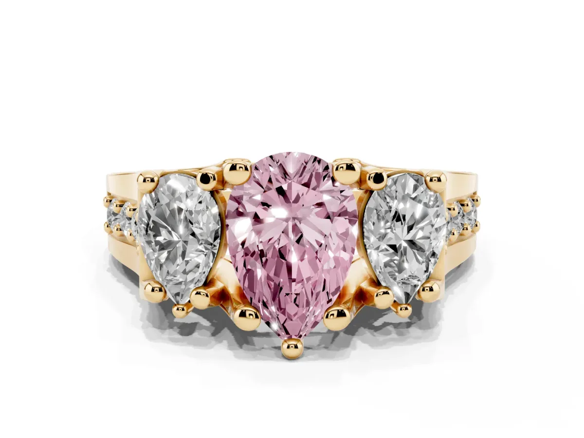 Fancy Pink Pear Cut Diamond Three-Stone Ring with Channel Set Band and Four-Prong Setting Yellow gold