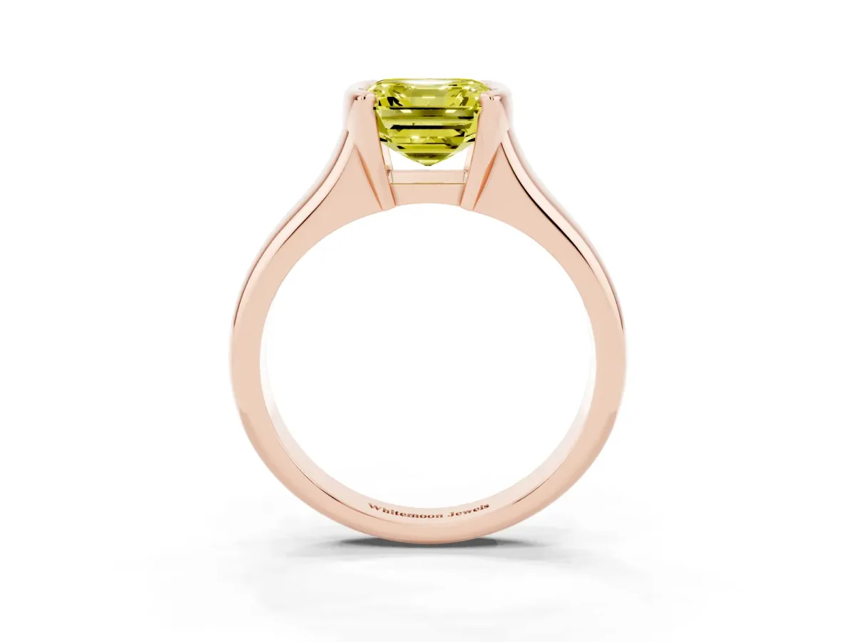 Fancy Yellow Asscher Cut Solitaire Tension Set Diamond Ring with Split Shank Band Rose gold