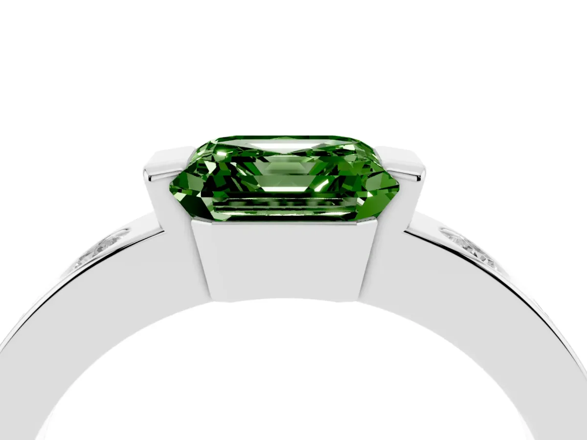 Fancy Green Asscher Cut Brilliant Channel-Set Diamond Ring with Bezel Prong Setting Silver