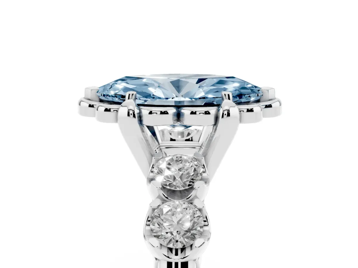 Fancy Blue Marquise Cut Cut Diamond Floral Halo Engagement Ring with Shared Prong Setting Silver