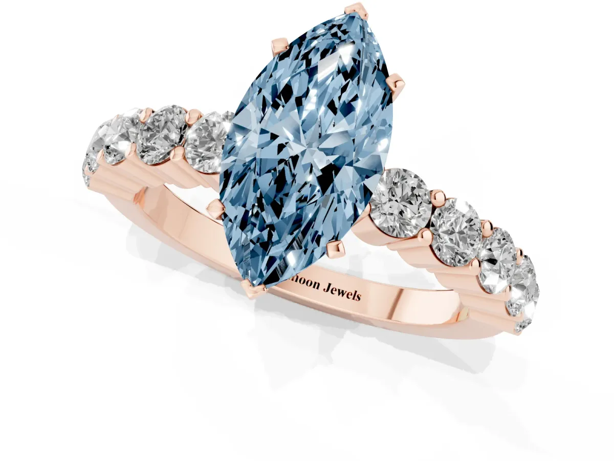 Fancy Blue Marquise Cut Diamond Solitaire Ring with Shared Prong Round Side Stones Rose gold