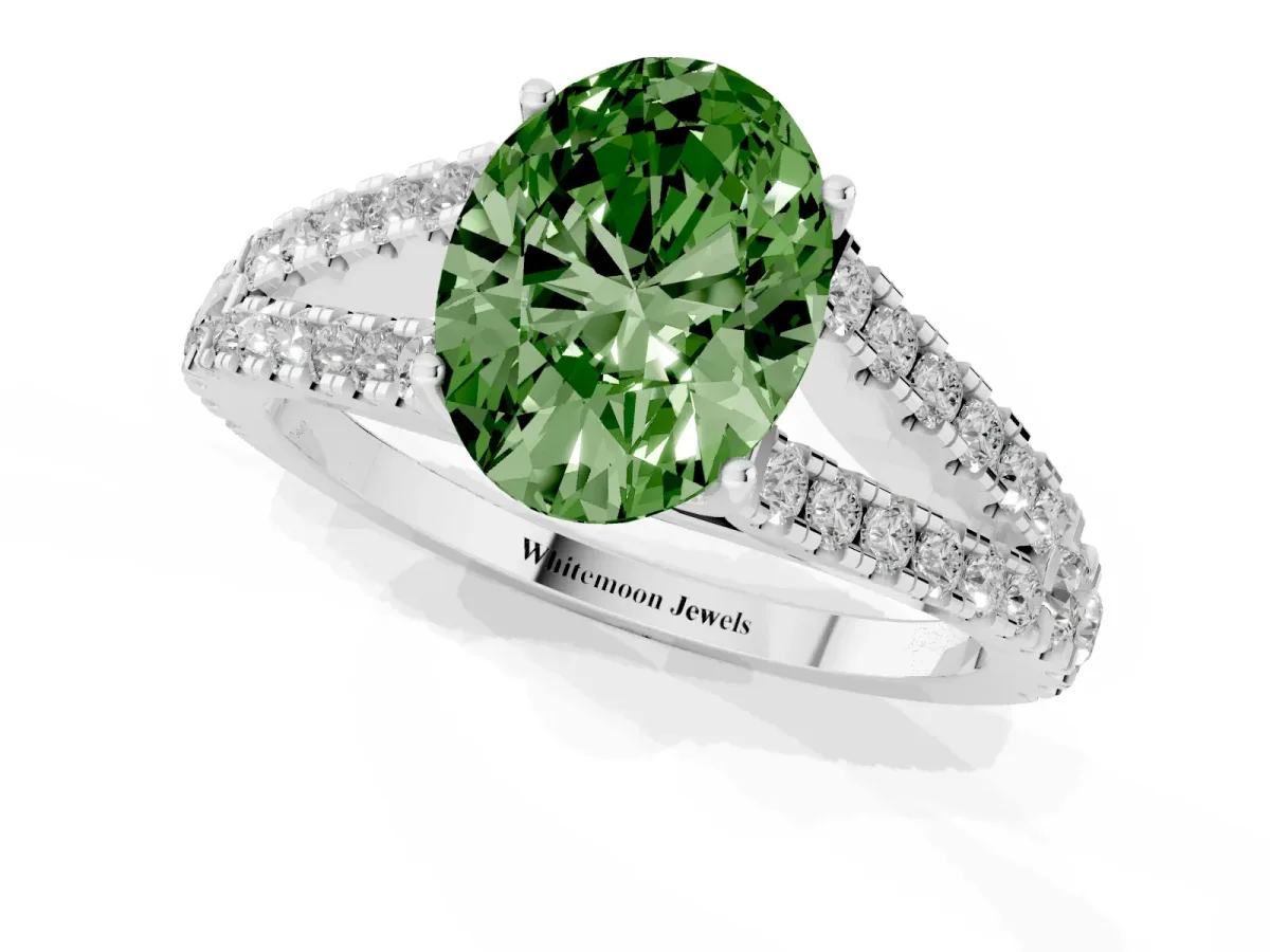 Fancy Green Oval Cut Diamond Split Shank Engagement Ring with Round Pavé and Prong Setting Platinum