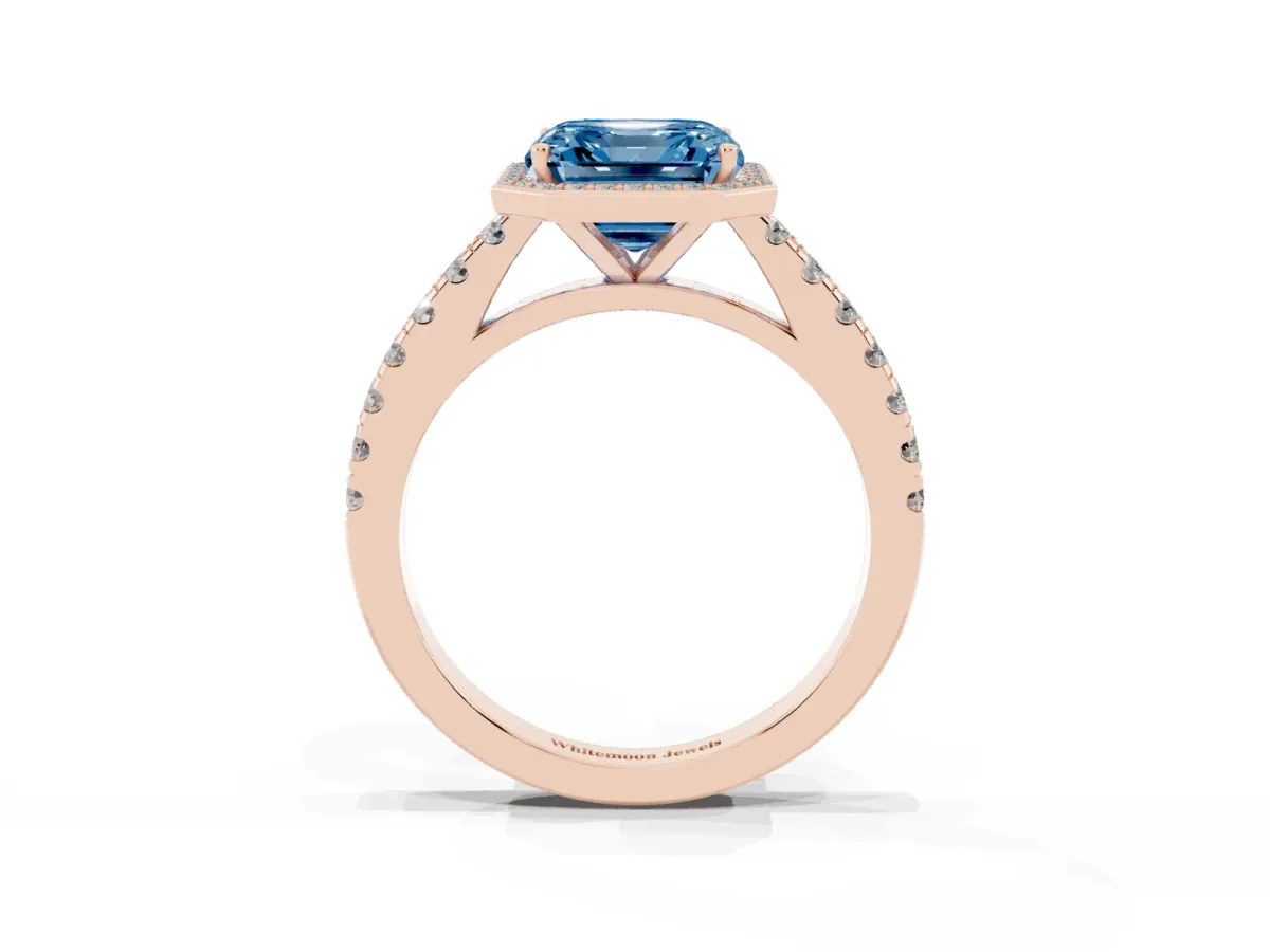 Fancy Blue Asscher Cut Cut Halo Diamond Engagement Ring with Pave Band and Four-Prong Setting Rose gold
