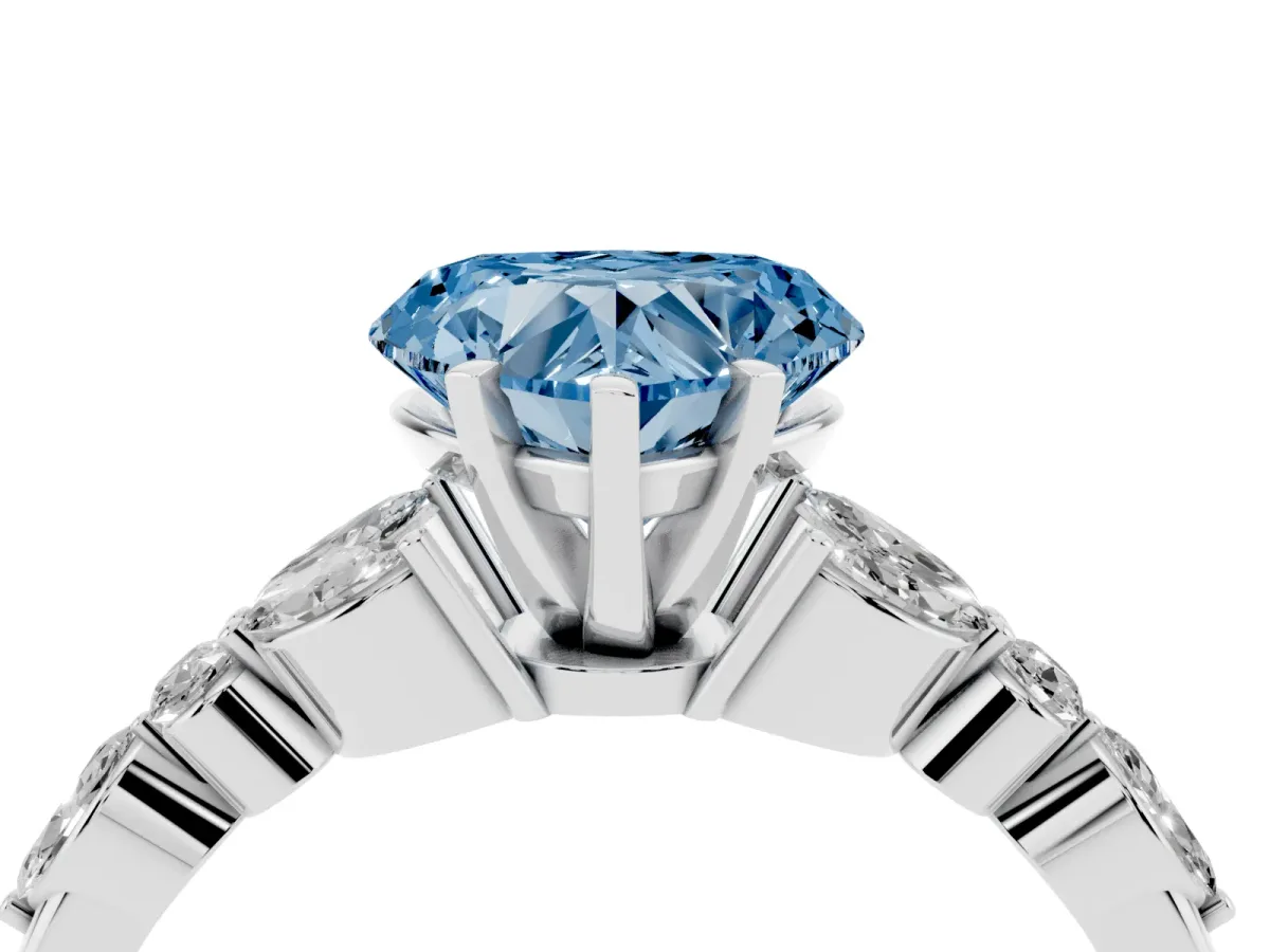 Fancy Blue Heart Cut Diamond Solitaire Ring with Side Stones and Four-Prong Setting Platinum