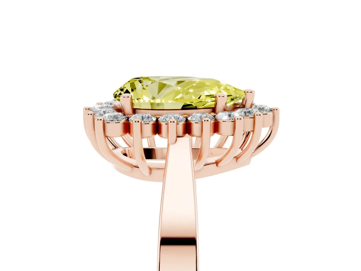 Fancy Yellow Pear Cut Cut Diamond Halo Ring with Round Brilliant Halo and Solitaire Band Rose gold