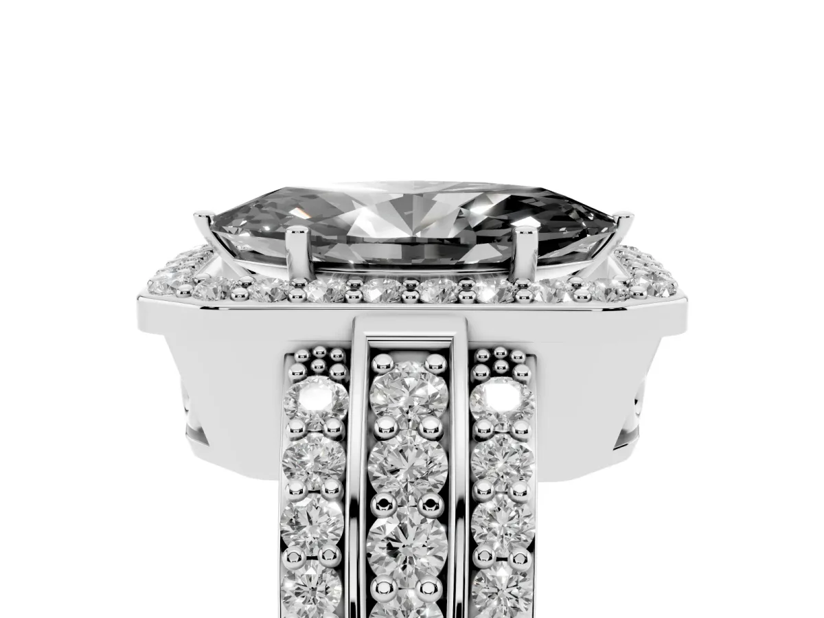 Fancy Black Marquise Cut Halo Diamond Ring with Round Split Shank and Prong Setting Platinum