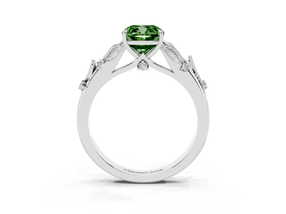 Fancy Green Cushion Cut Diamond Solitaire Ring with Leaf Motif Band and Four-Prong Setting Silver