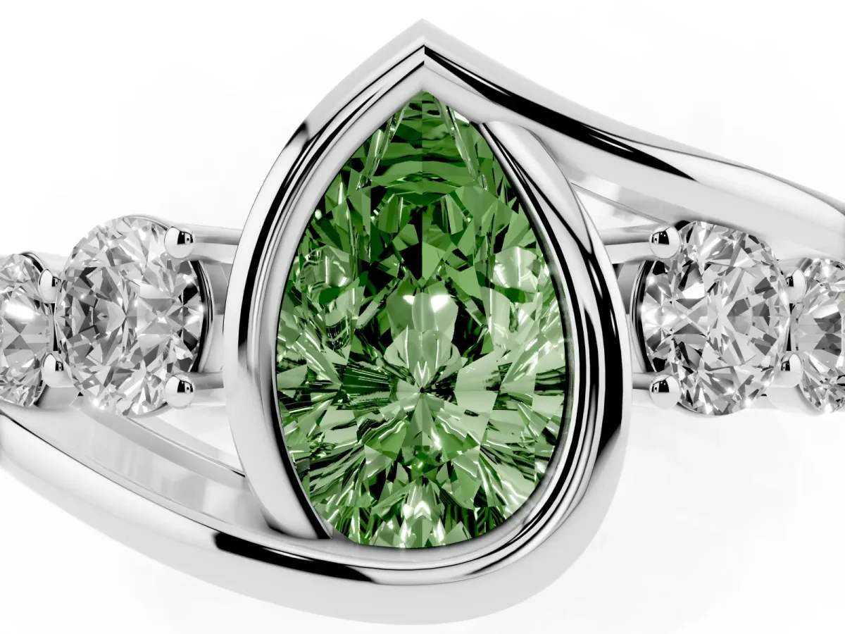 Fancy Green Bezel Set Pear Cut Diamond Bypass Ring with Round Accents Platinum