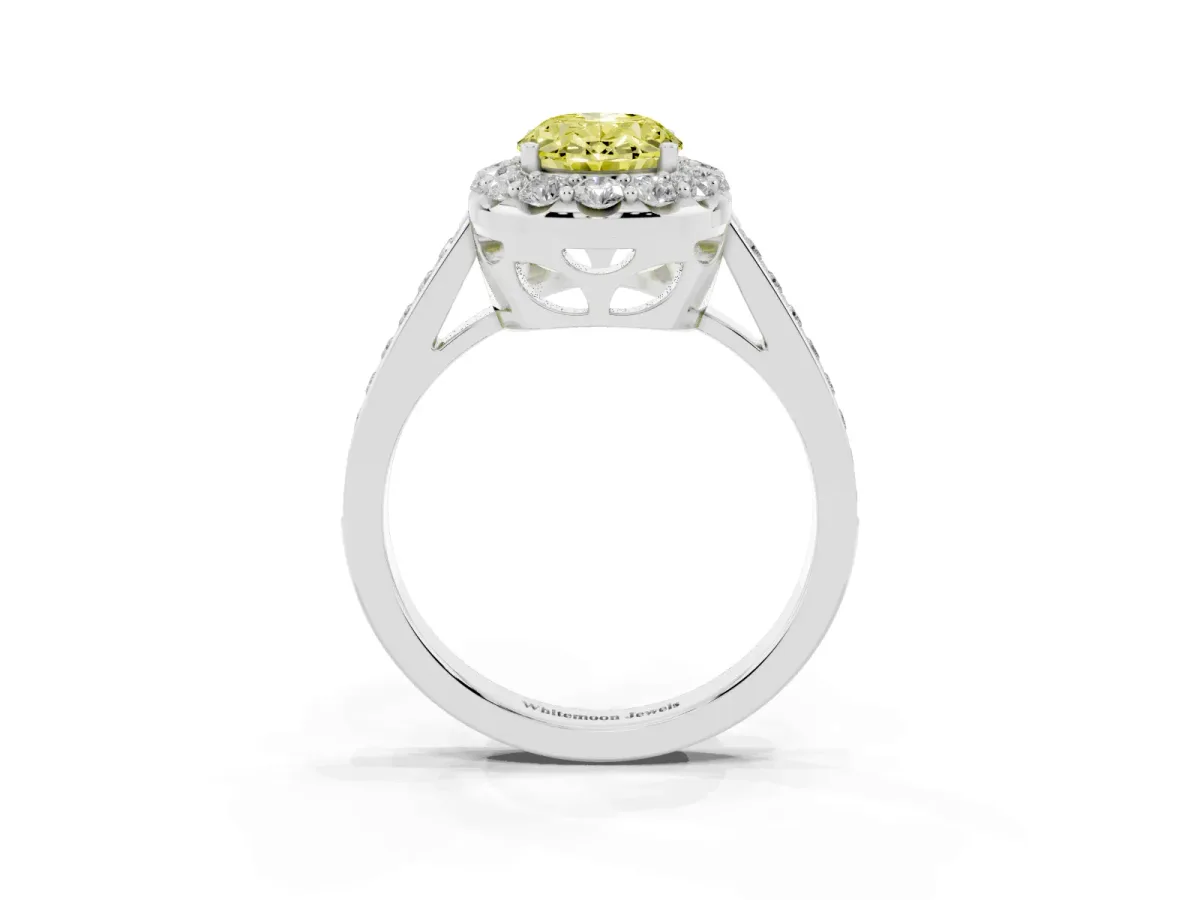Fancy Yellow Oval Cut Diamond Floral Halo Ring with Pavé Band and Prong Setting White gold