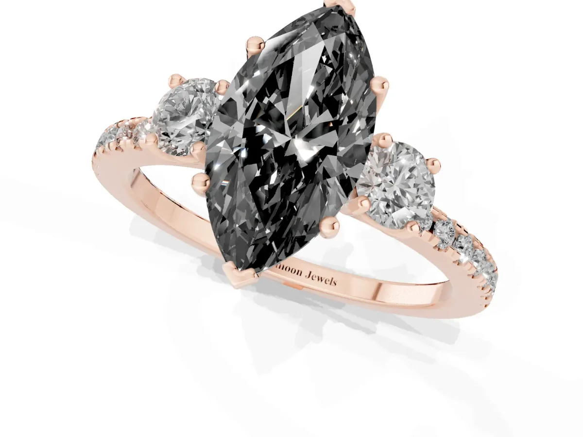 Fancy Black Three-Stone Marquise Cut Cut Diamond Pavé Band with Prong Setting Rose gold