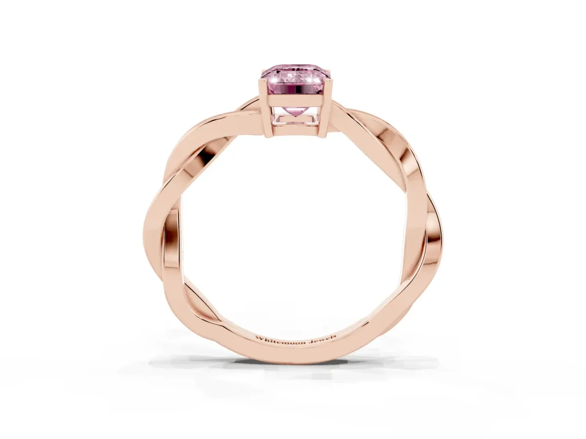 Fancy Pink Emerald Cut Solitaire Twisted Pave Diamond Ring with Four-Prong Setting Rose gold